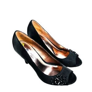 Mootsies Tootsies Peep Toe Slingback Black Satin Beaded Pump Heels